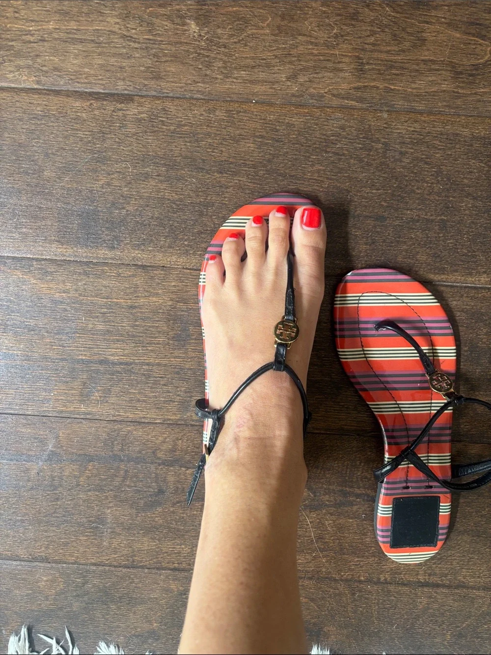 Tory Burch Red/Cotral Plaid Sandals with navy Straps and gold Logo Charm